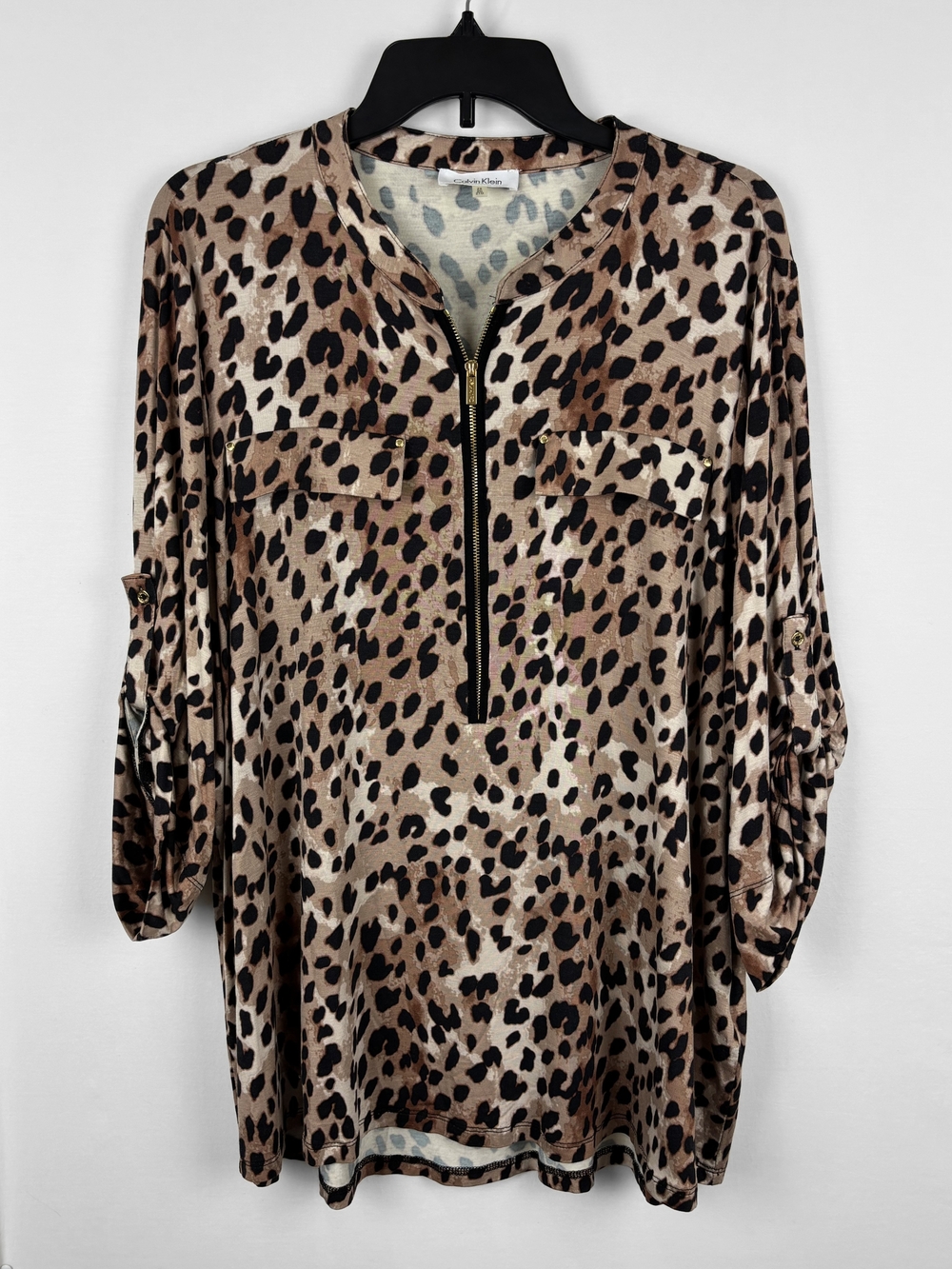 Calvin Klein Leopard Animal Print Half Zip 3/4 Sleeve Tunic Blouse Plus Size 2X